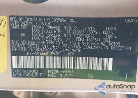 2006 Toyota Highlander V6 from USA, damaged, VIN JTEEP21A660139607
